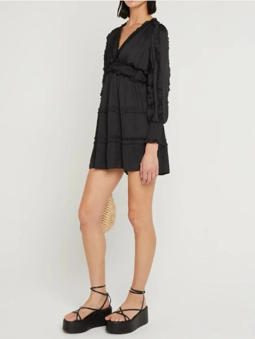 o.p.t. Tianna Mini Dress Black Pleated Ruffle Tiered Silky Medium NEW whimsygoth